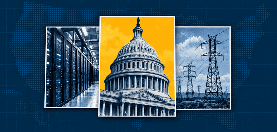 Collage of a data center, the U.S. Capitol, and electrical transmission towers over a world map.
