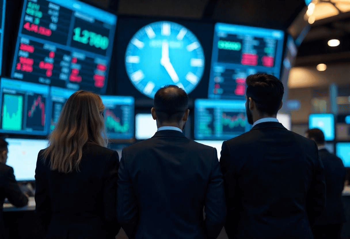 2 men and a woman facing screens on the trading floor