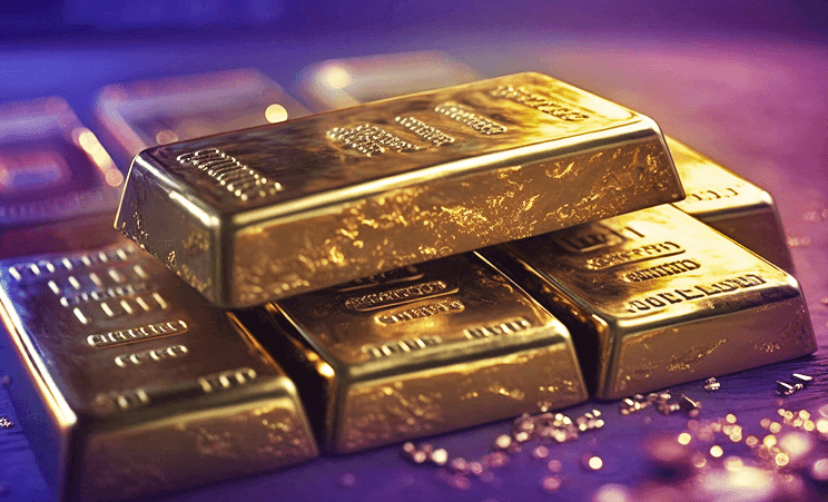 Gold bars stacked with purple background