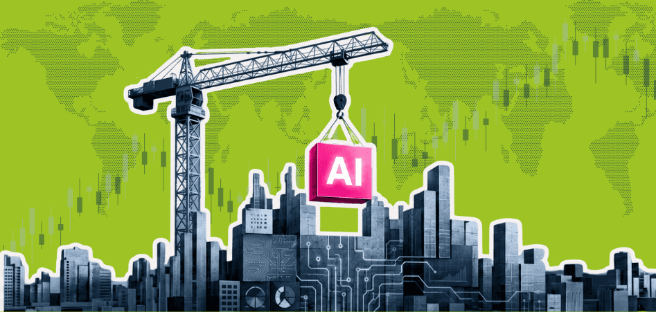 Construction crane lowering an AI block onto a technology-driven cityscape.