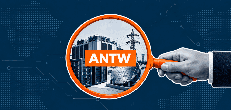 A hand holds a magnifying glass over a data center and power infrastructure, highlighting “ANTW.”