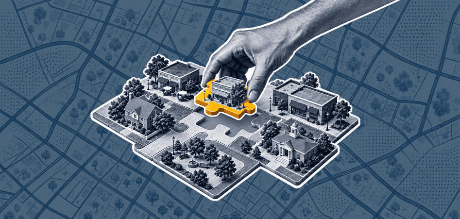 Hand placing a highlighted puzzle piece into a map-based neighborhood illustration.